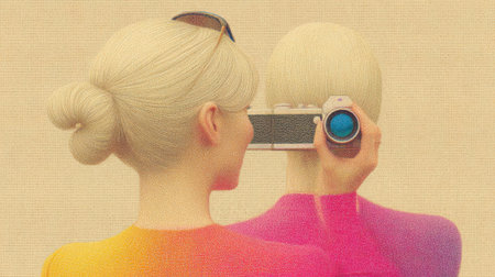 Rear view of two individuals, one with blonde hair in a bun, both wearing vibrant, rainbow-colored clothing, as one holds a camera to take a photo. The background is a solid, light beige color.の素材