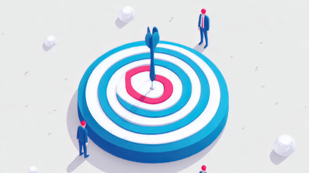 Illustration of businessmen aiming for success, with a dart hitting the bullseye on a target, symbolizing achievement and strategic planning.の素材