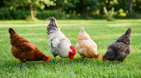 Four chickens, including a rooster, forage for food on a vibrant green grassy field with trees in the background.の素材