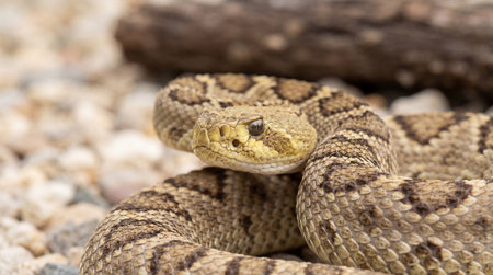 A detailed close-up shot of a coiled rattlesnake, showcasing its textured scales and alert posture.の素材