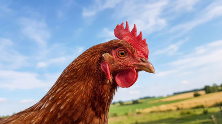 A detailed close-up shot of a brown chickens head, highlighting its red comb and wattle, set against a backdrop of a bright blue sky dotted with white clouds and a softly blurred rural landscape.の素材