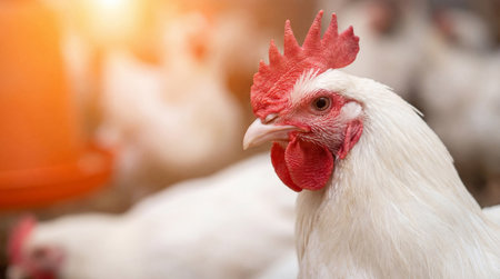 A detailed close-up shot of a white chickens head, highlighting its red comb and wattle, with a soft focus background of other chickens and warm sunlight.の素材