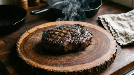 A perfectly grilled steak, showcasing beautiful grill marks, rests on a rustic wooden board. Wisps of smoke gently rise, indicating its freshness and deliciousness.の素材