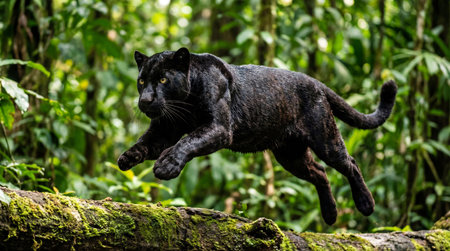 A majestic black panther in mid-air, leaping gracefully over a fallen, moss-covered log. The dense, vibrant green foliage of the rainforest forms a lush backdrop.の素材