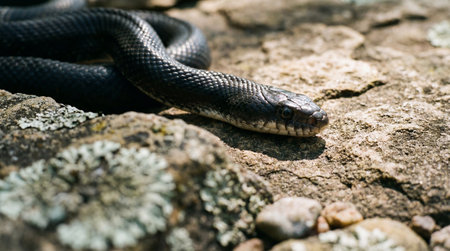 A detailed view of a sleek black snake resting on rough, textured rocks bathed in sunlight.の素材