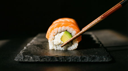 A close-up of a single sushi roll featuring fresh salmon and creamy avocado, held by chopsticks on a dark slate plate.の素材