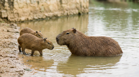 A mother capybara and two young ones stand in calm water near a muddy bank, enjoying a peaceful moment.の素材