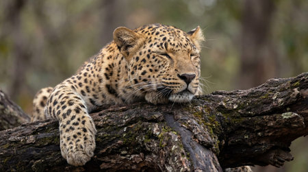 A beautiful leopard with its eyes closed is resting peacefully on a thick tree branch, showcasing its spotted coat and relaxed posture.の素材
