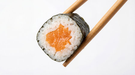 A single piece of salmon sushi roll is held by wooden chopsticks against a clean white background. The sushi features rice, nori seaweed, and a vibrant orange salmon filling.の素材