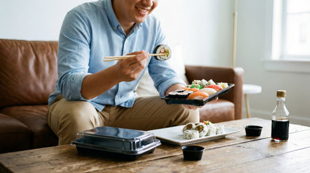 A man sits on a couch and eats sushi with chopsticks, a soy sauce bottle and takeout containers nearby.の素材