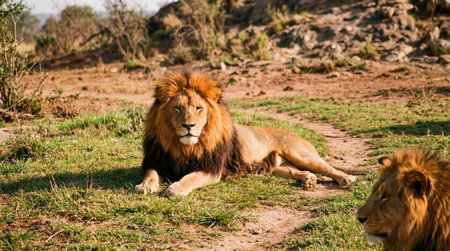 Two powerful male lions with impressive manes relax on the sun-drenched savanna, showcasing the wild beauty of Africa.の素材