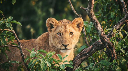 A close-up of a young lion cub with piercing eyes, nestled within the dense green leaves and branches of a tree.の素材