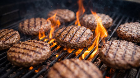 Close-up shot of several delicious beef burgers cooking on a hot grill with flames licking the patties, creating perfect sear marks.の素材