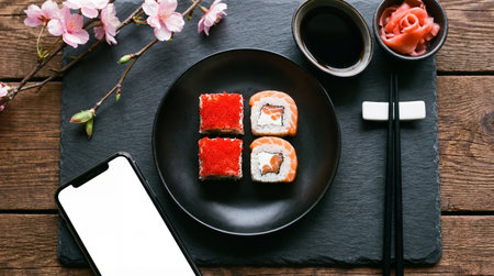 A top-down view of a black plate with four sushi rolls, two topped with red roe, served on a slate board with cherry blossoms, soy sauce, pickled ginger, chopsticks, and a smartphone.の素材