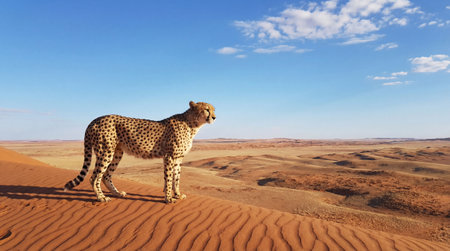 A stunning full-body shot of a cheetah surveying the vast, arid landscape of the Namib Desert, with rolling sand dunes stretching to the horizon under a brilliant blue sky.の素材