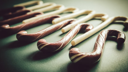 A close-up shot of several candy canes arranged in a row on a dark, textured surface.の素材