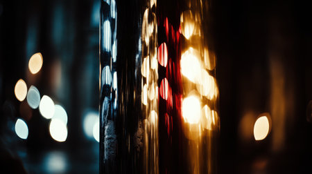 Abstract bokeh lights in a city at night, blurred effect creating a dreamy atmosphere.の素材
