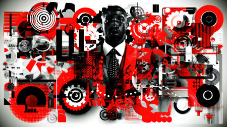 A striking abstract portrait of a businessman, rendered in black and red, with intricate industrial gears and circular motifs.の素材