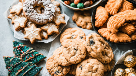 A festive spread of various homemade Christmas cookies, including star-shaped, wreath, and chocolate chip varieties, alongside colorful candies and chocolates.の素材