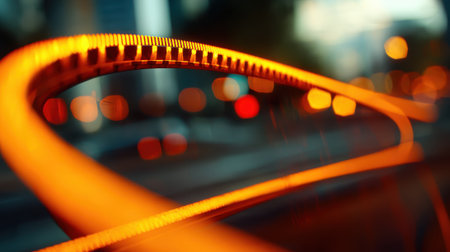 A close-up abstract shot of an orange curved structure with blurred colorful lights in the background.の素材