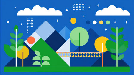 A vibrant abstract illustration featuring geometric mountains, stylized trees, and fluffy clouds against a deep blue background.の素材