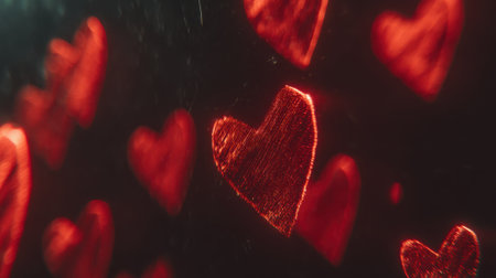 A collection of vibrant red hearts, appearing as if floating in a dark, abstract space. The hearts have a slightly textured, almost liquid appearance, creating a visually striking effect.の素材