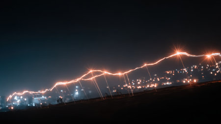 A nighttime view of a city with a winding road illuminated by orange lights, creating a dynamic visual effect against the dark sky.の素材