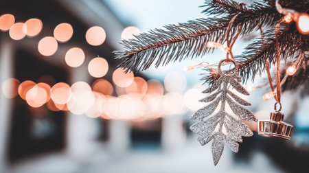 A festive close-up of a decorated Christmas tree branch featuring a silver ornament and blurred bokeh lights in the background.の素材