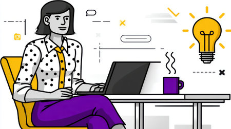 A focused businesswoman sits at her desk, typing on a laptop, with a steaming cup of coffee and a glowing lightbulb symbolizing a new idea.の素材