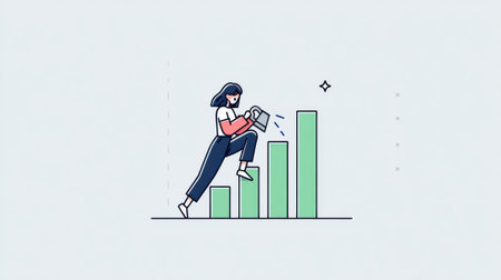 A stylized illustration of a businesswoman ascending a green bar graph, holding a laptop, symbolizing growth and success in business.の素材