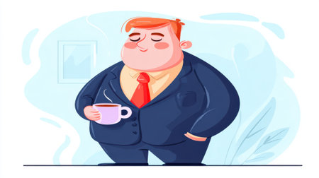 A stylized illustration of an overweight businessman in a suit holding a coffee cup, appearing relaxed.の素材