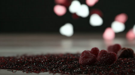 Macro shot of red heart-shaped candies dropping onto a pile of dark seeds, with blurred bokeh lights in the background.の素材