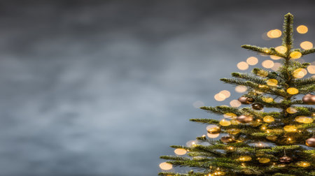 A festive Christmas tree adorned with golden lights and ornaments, set against a moody, textured backdrop.の素材