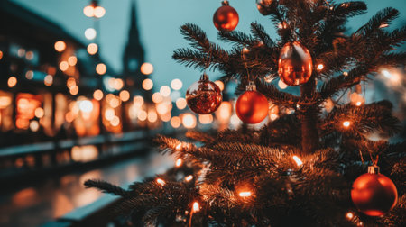 A close-up of a decorated Christmas tree with red ornaments and warm fairy lights, blurred city lights in the background create a magical bokeh effect.の素材