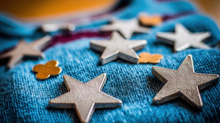 A collection of star shaped cookies scattered on a blue textured fabric, some small flower shapes are also visible.の素材