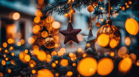 A festive and magical close-up of a decorated Christmas tree, featuring warm bokeh lights and hanging ornaments, creating a cozy holiday atmosphere.の素材