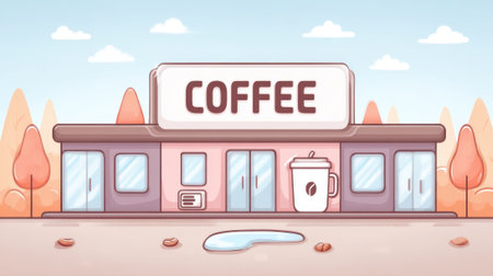 A charming, minimalist illustration of a coffee shop facade with a large sign, a to-go cup, and surrounding autumn trees. A small puddle reflects the sky.の素材