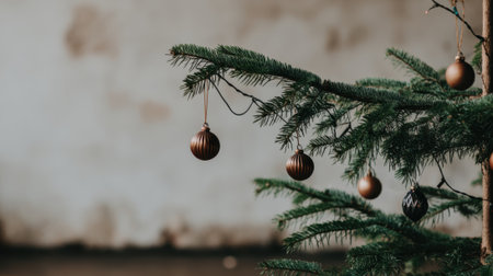 A close-up shot of a decorated Christmas tree branch with several ornaments visible.の素材