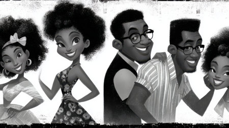 A vibrant illustration showcasing a diverse group of Black individuals dressed in stylish retro fashion, celebrating cultural heritage and individuality.の素材