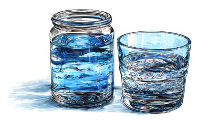 A watercolor illustration of a glass jar and a tumbler filled with clear blue water.の素材