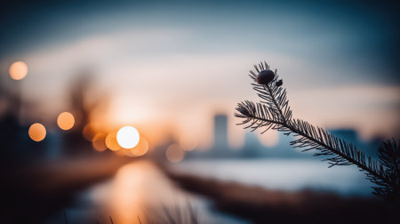 A pine branch in sharp focus with a bokeh city skyline in the background during sunset.の素材