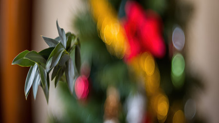A detailed close-up of a vibrant green plant branch, with soft, blurred bokeh lights of red, yellow, and green in the background, suggesting a festive atmosphere.の素材
