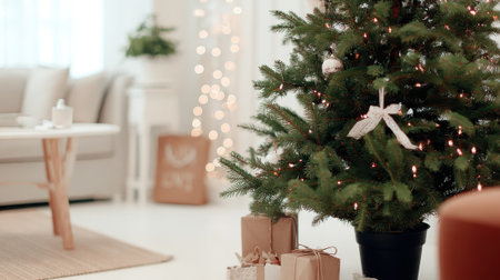 A beautifully decorated Christmas tree stands in a warm, inviting living room, surrounded by wrapped gifts and festive lights.の素材