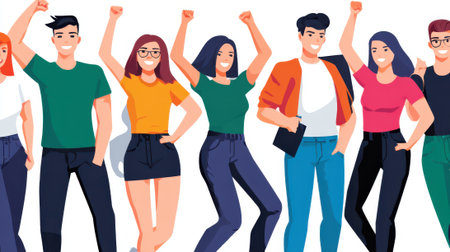 A vibrant illustration of a diverse group of young adults, men and women, joyfully celebrating with raised arms and energetic poses.の素材