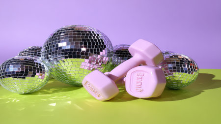A pastel pink dumbbell rests on a vibrant lime green surface in front of several sparkling disco balls, suggesting a fun and energetic fitness theme.の素材