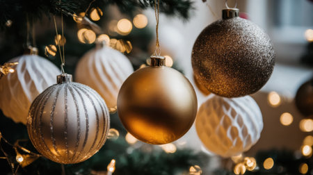 A festive close-up shot of various Christmas ornaments, including golden and white baubles, adorned on a decorated tree with soft, blurred bokeh lights in the background.の素材