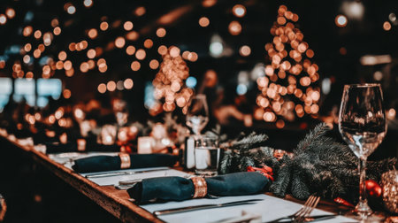 A beautifully set restaurant table with dark napkins, silverware, and a wine glass, illuminated by warm, blurred bokeh lights creating a festive atmosphere.の素材