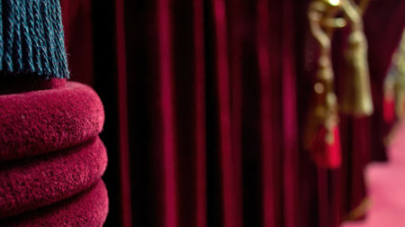 A detailed view of rich red velvet curtains, showcasing their texture and elegant gold embellishments.の素材
