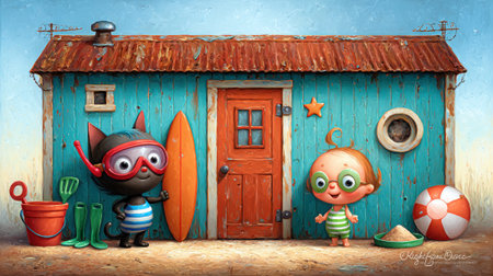 Two adorable cartoon characters, one with cat-like features and the other a child, stand outside a colorful beach hut. A surfboard and beach toys are nearby.の素材