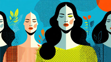 Stylized illustration of diverse women's faces with split color tones, symbolizing inner thoughts, emotions, and duality.の素材